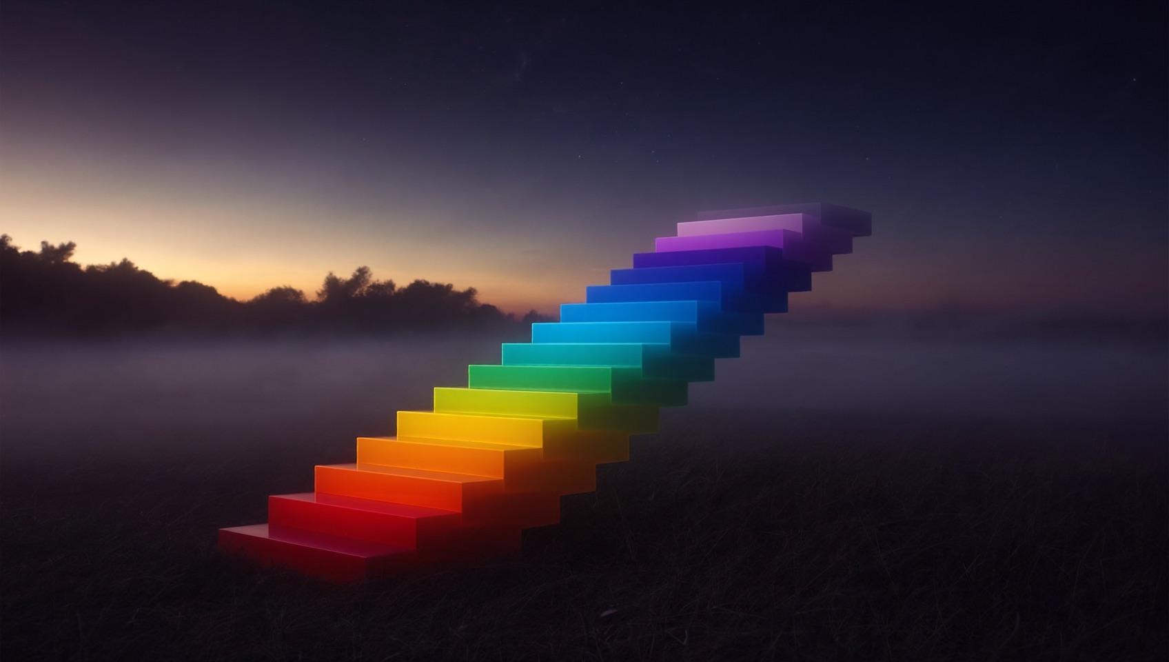 A staircase of seven glowing steps in the chakra colors rising through mist into a twilight sky